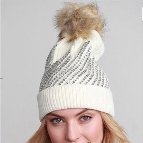 Accessories - HATS Ivory Knit w/Crown Rhinestones Faux Fur Pom